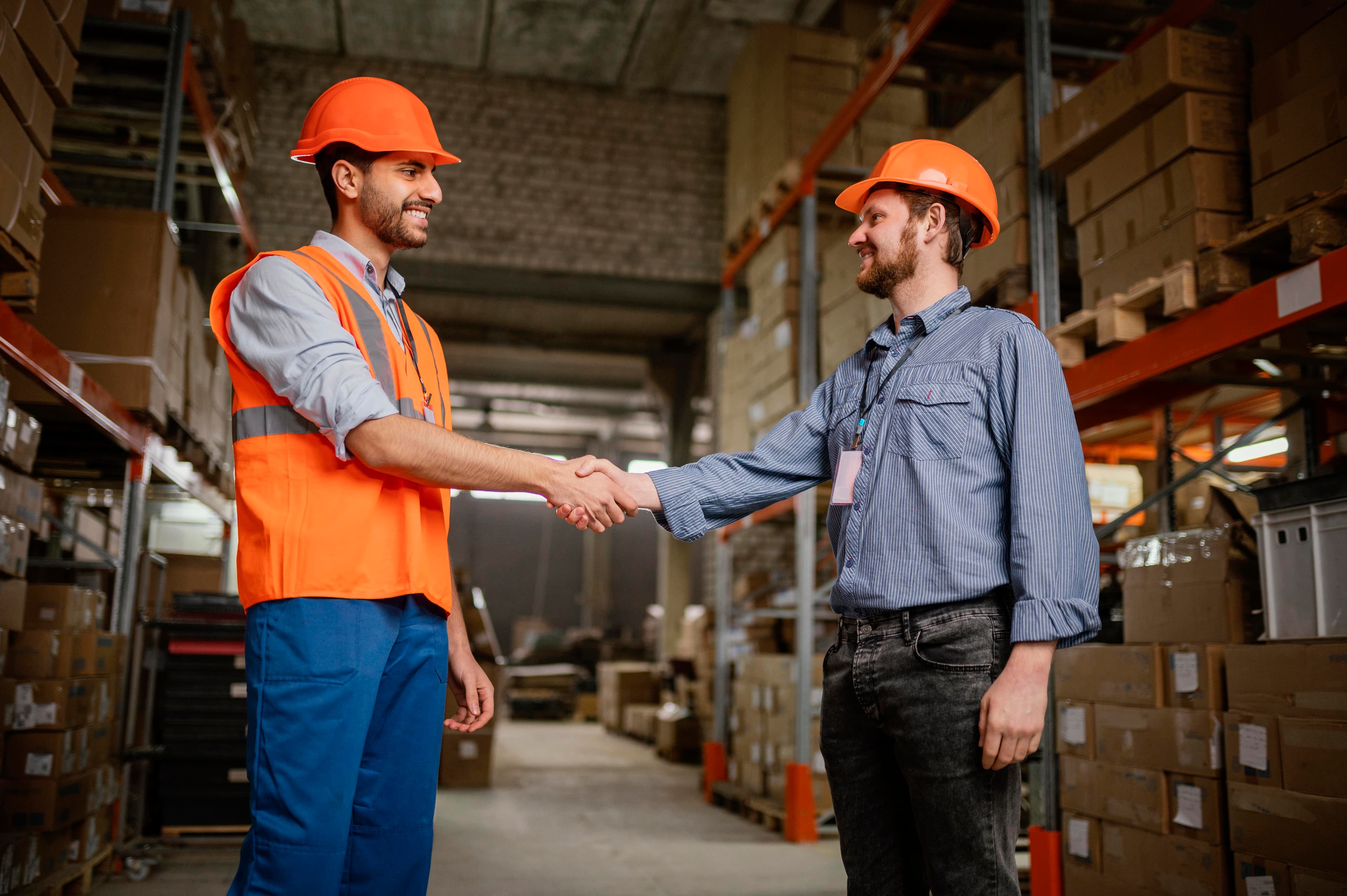 Workers Shaking Hands in Warehouse
